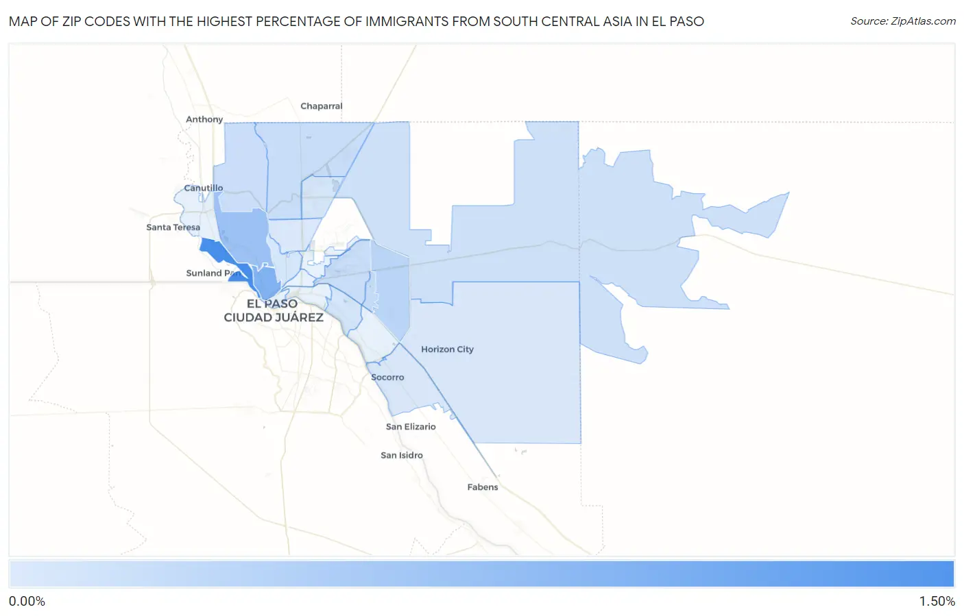 Zip Codes with the Highest Percentage of Immigrants from South Central Asia in El Paso Map