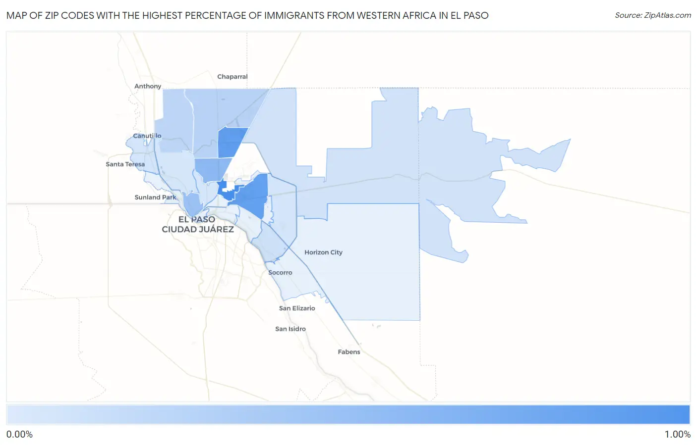 Zip Codes with the Highest Percentage of Immigrants from Western Africa in El Paso Map