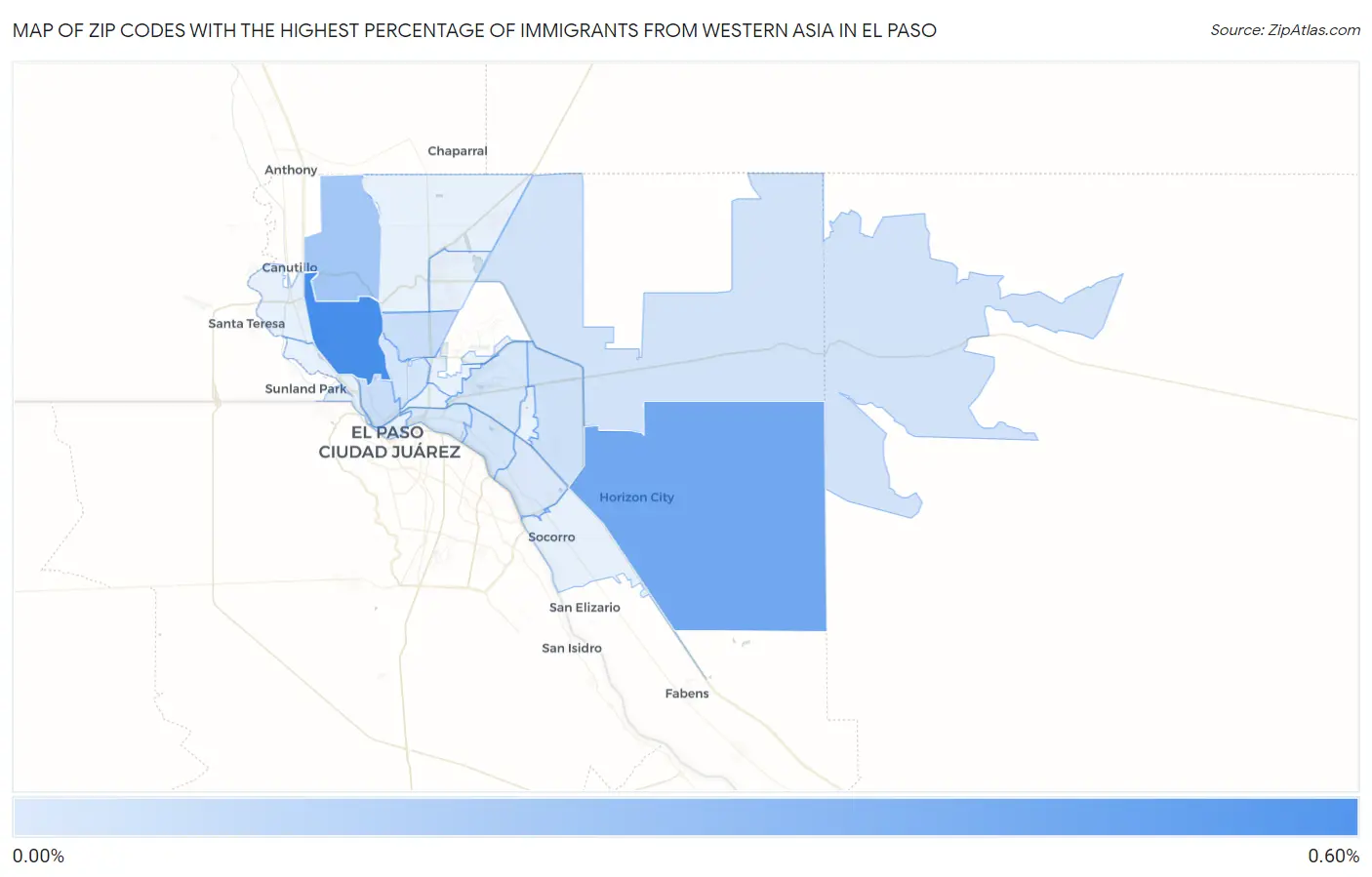 Zip Codes with the Highest Percentage of Immigrants from Western Asia in El Paso Map