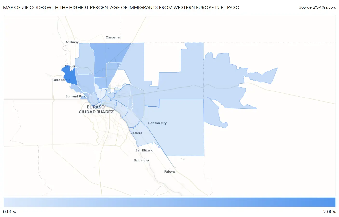 Zip Codes with the Highest Percentage of Immigrants from Western Europe in El Paso Map