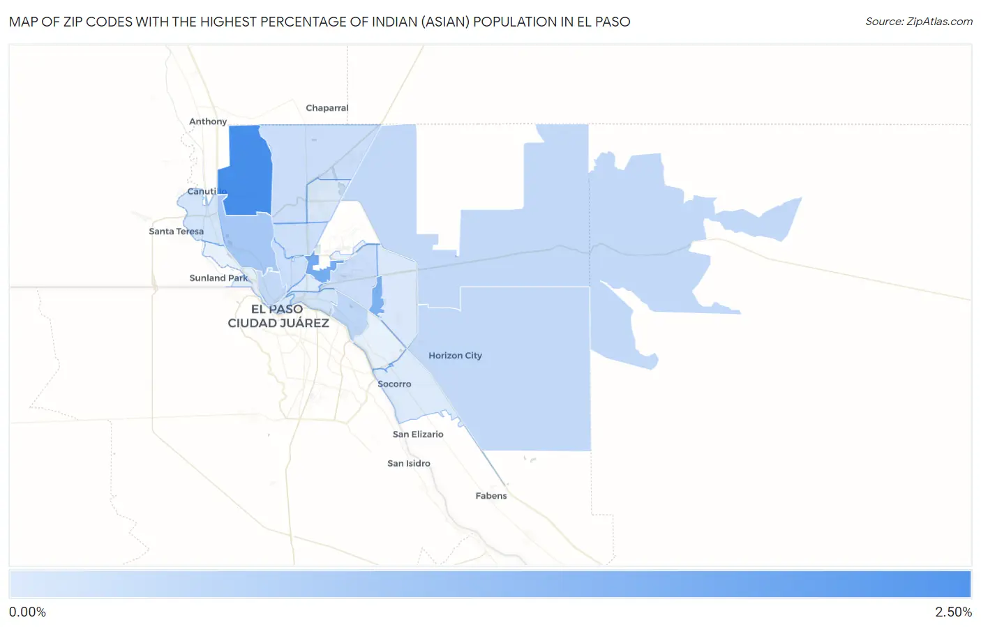 Zip Codes with the Highest Percentage of Indian (Asian) Population in El Paso Map