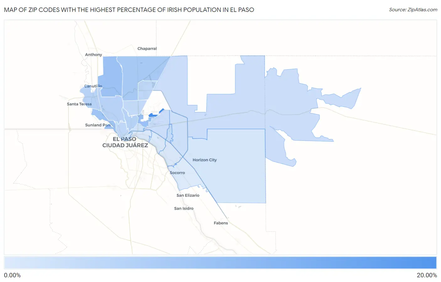 Zip Codes with the Highest Percentage of Irish Population in El Paso Map