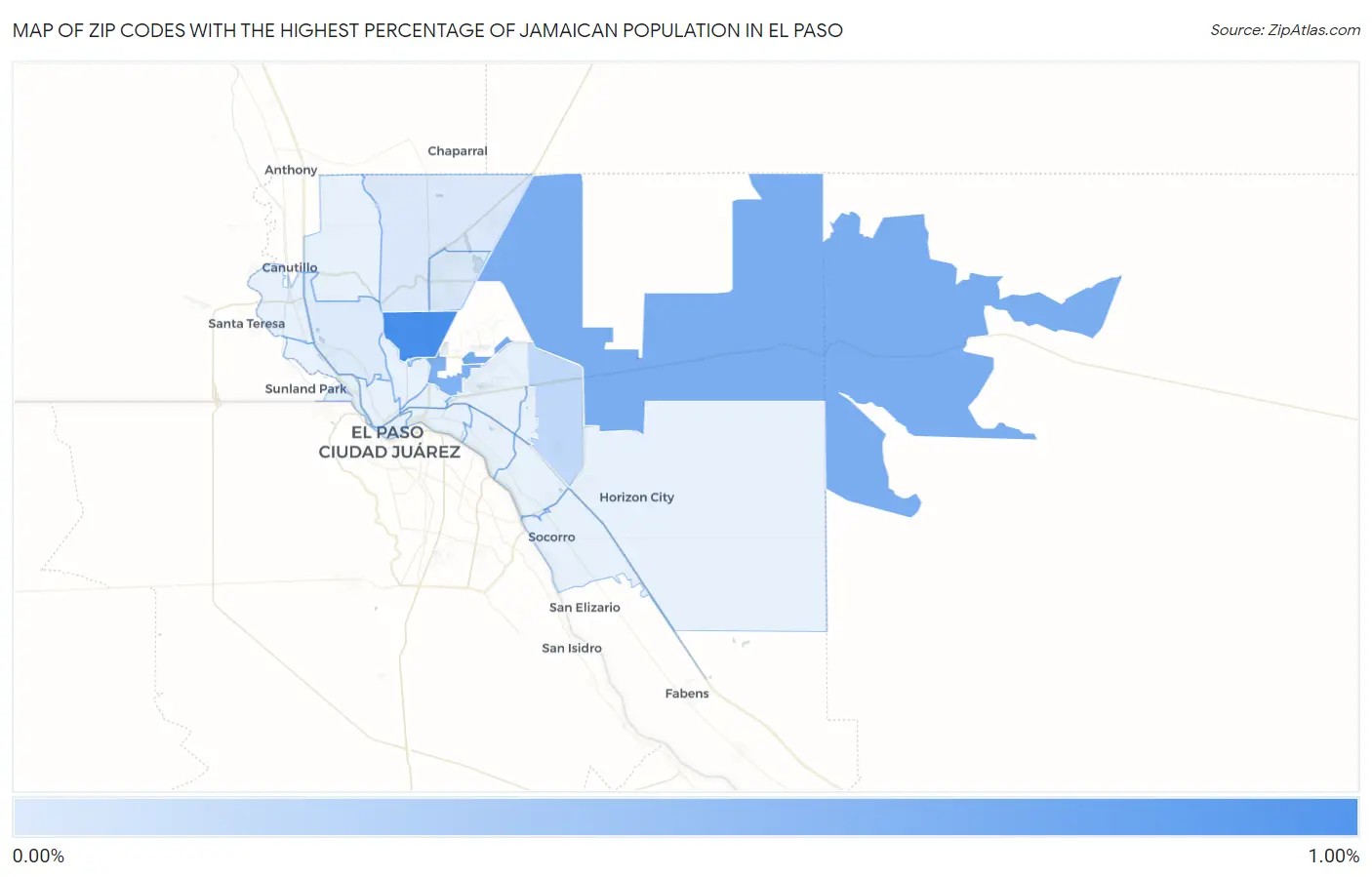 Zip Codes with the Highest Percentage of Jamaican Population in El Paso Map
