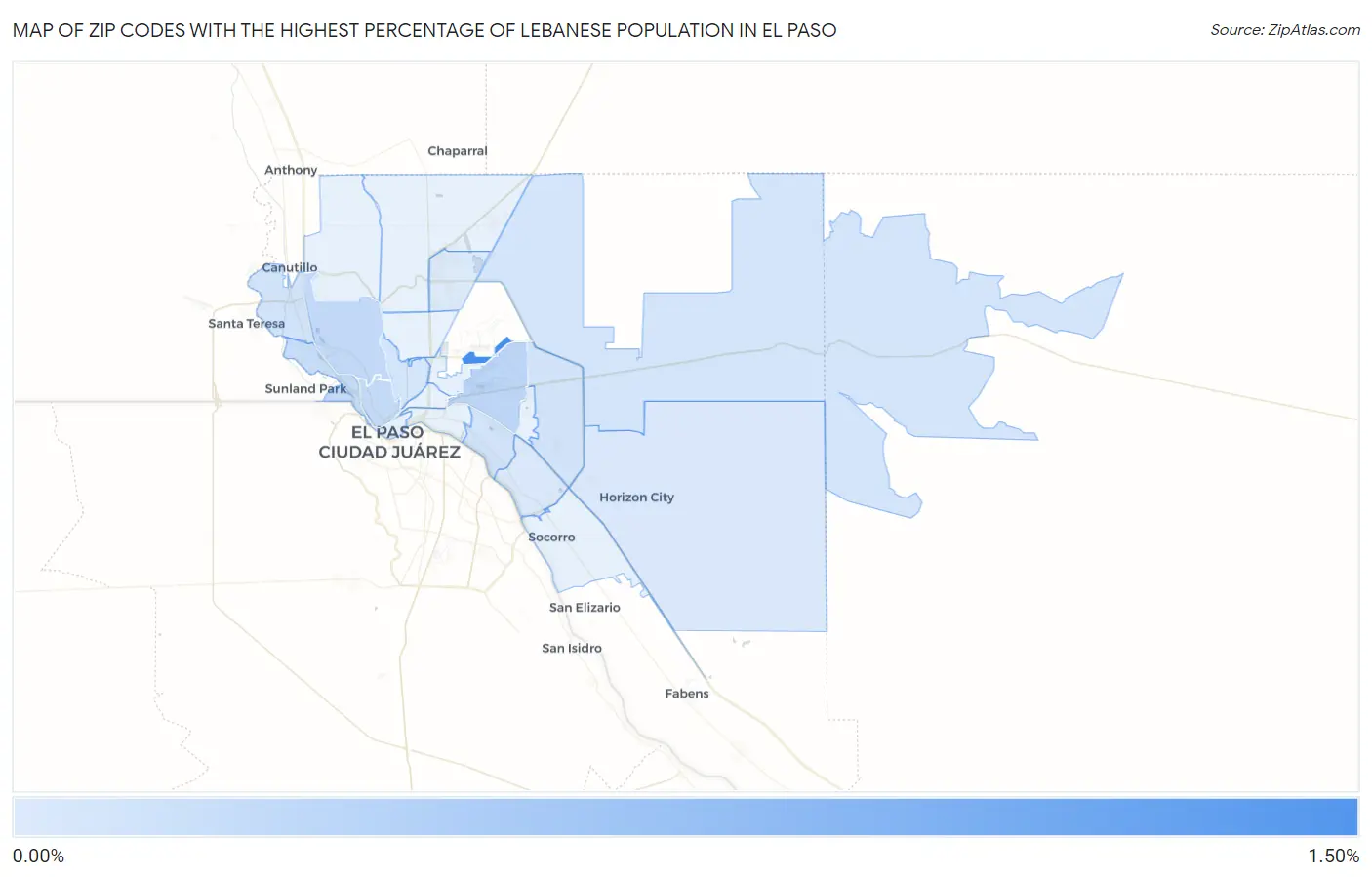 Zip Codes with the Highest Percentage of Lebanese Population in El Paso Map