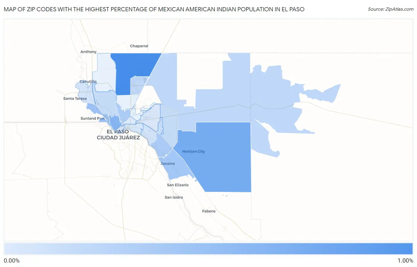 Zip Codes with the Highest Percentage of Mexican American Indian Population in El Paso Map