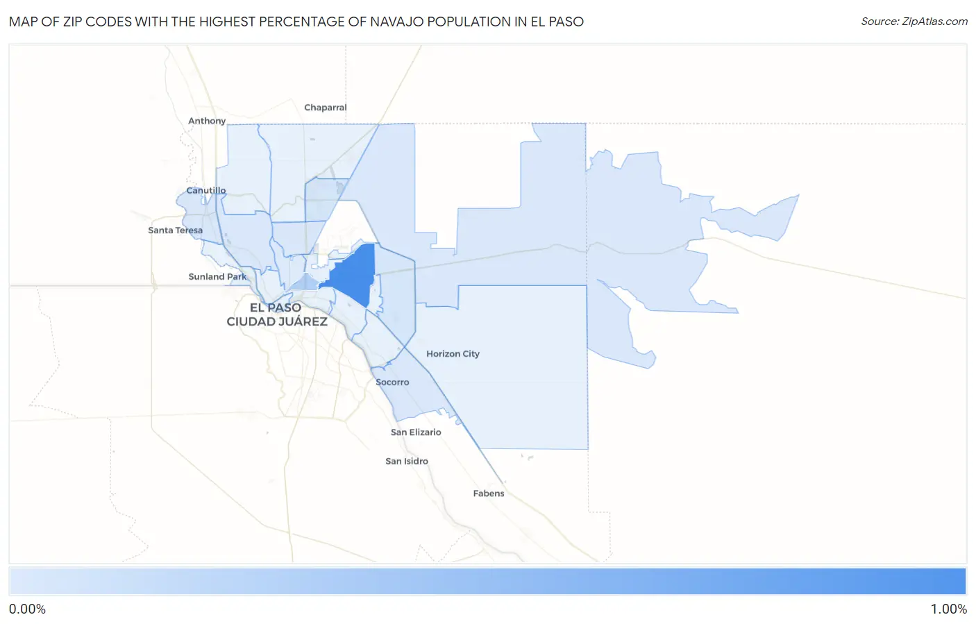 Zip Codes with the Highest Percentage of Navajo Population in El Paso Map
