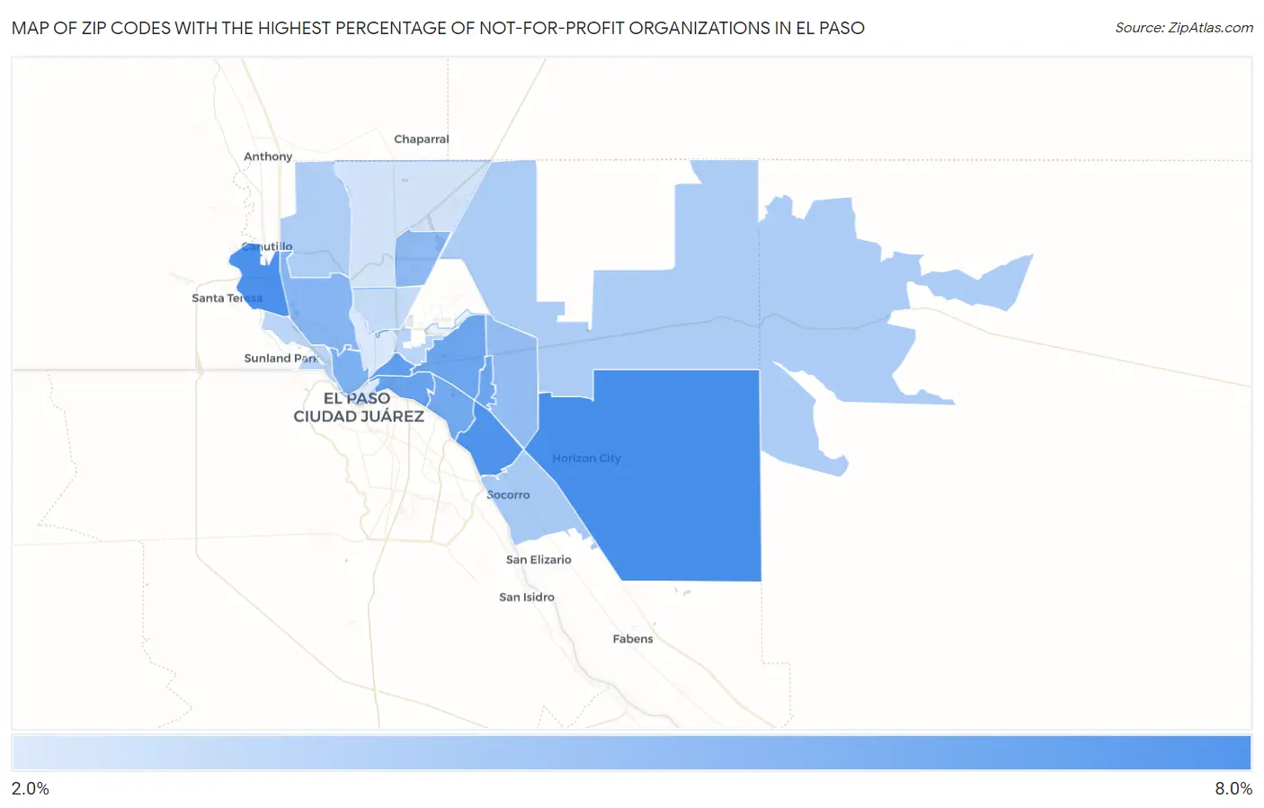 Zip Codes with the Highest Percentage of Not-for-profit Organizations in El Paso Map