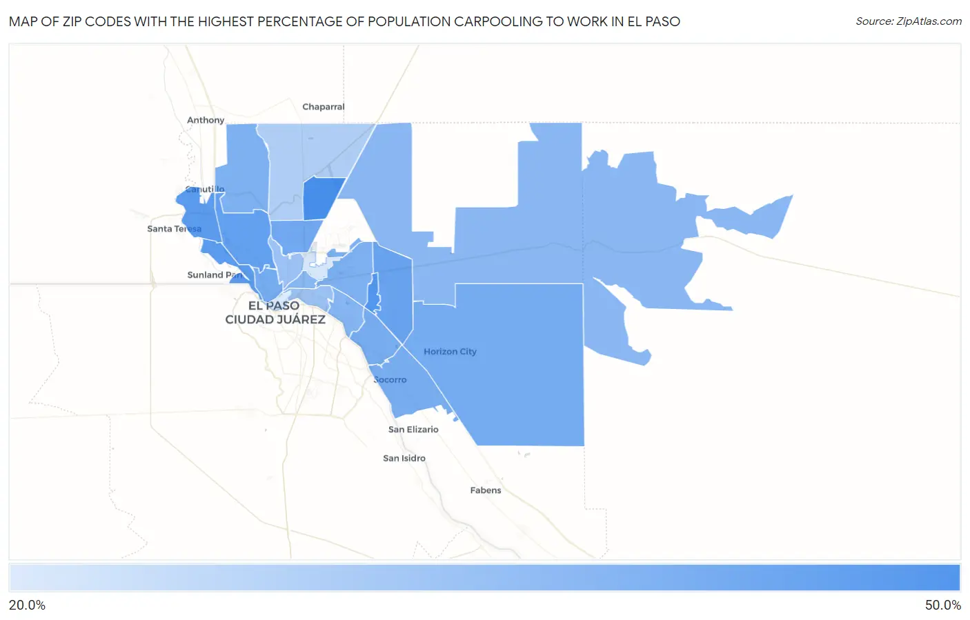 Zip Codes with the Highest Percentage of Population Carpooling to Work in El Paso Map