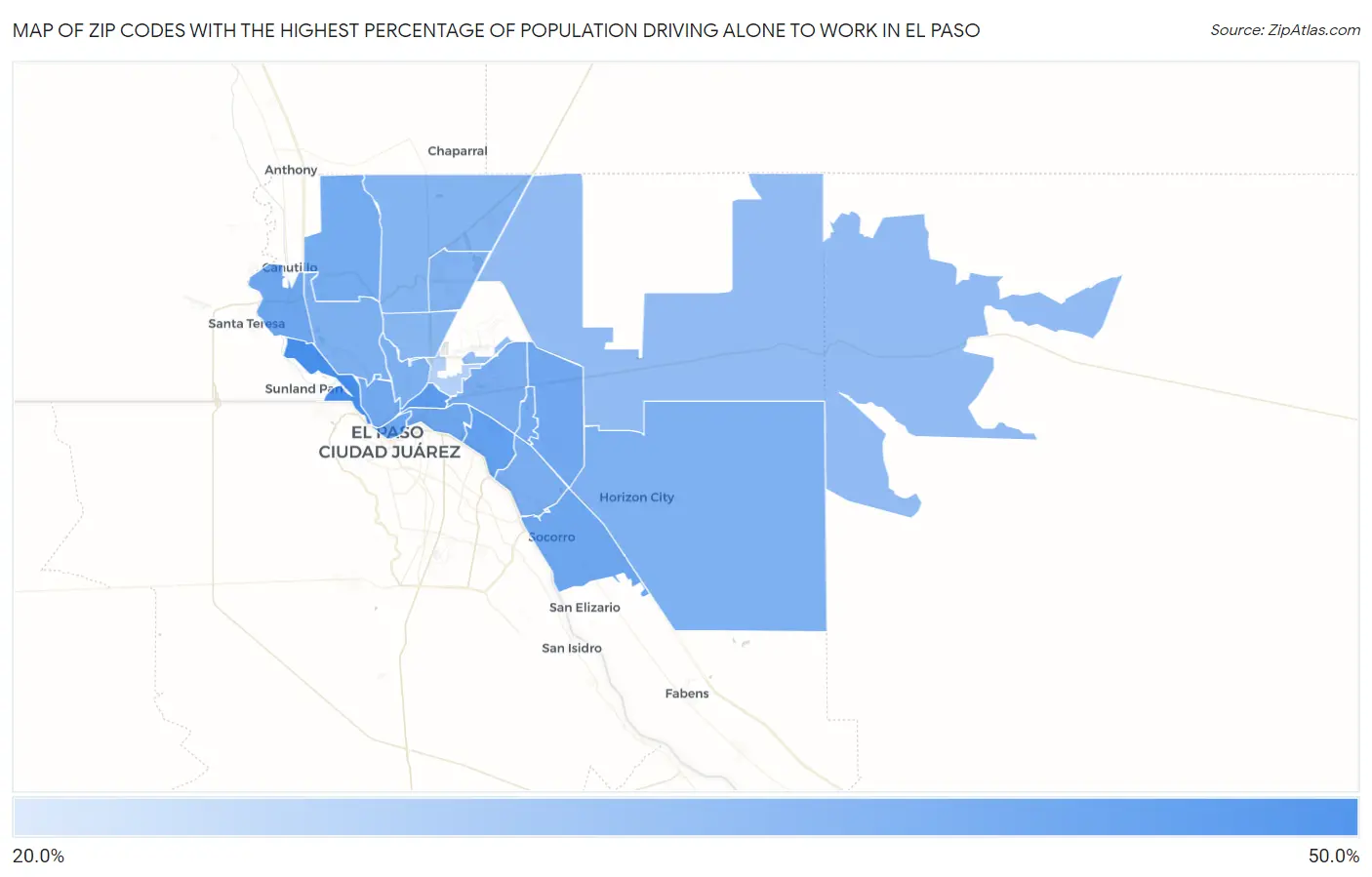 Zip Codes with the Highest Percentage of Population Driving Alone to Work in El Paso Map