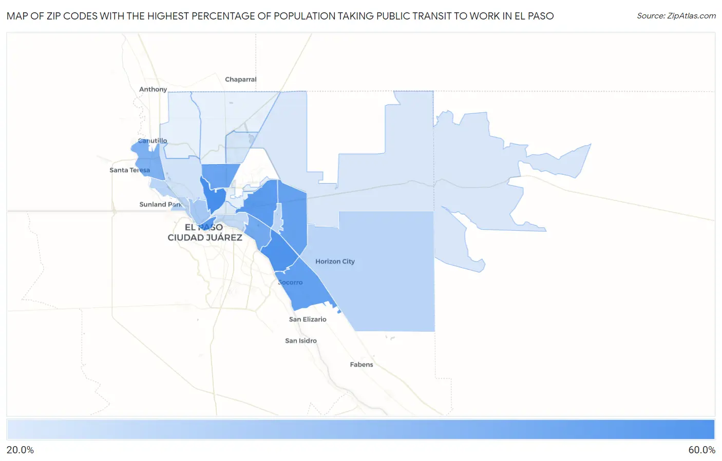 Zip Codes with the Highest Percentage of Population Taking Public Transit to Work in El Paso Map
