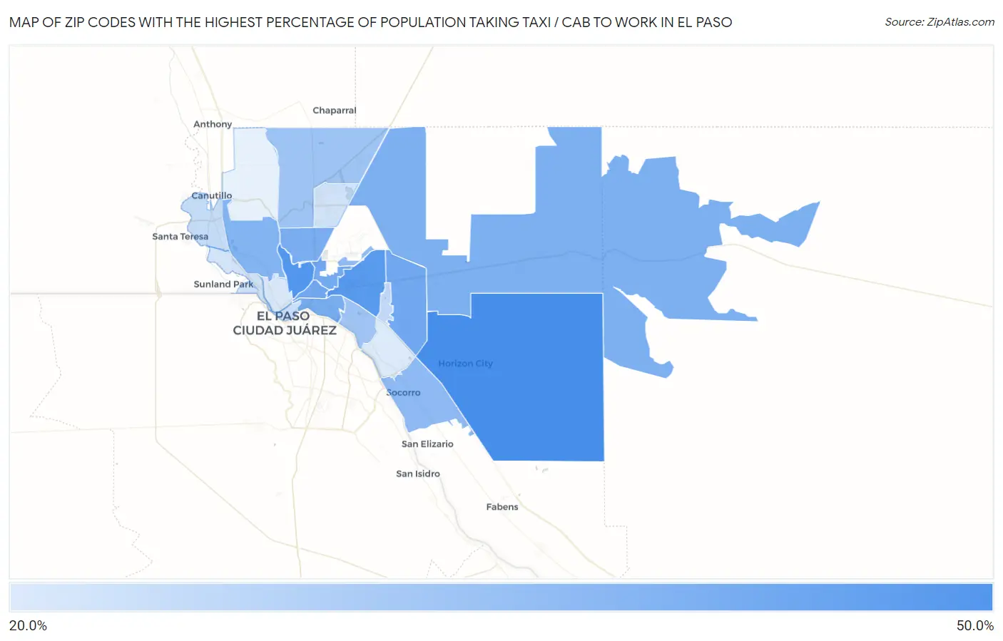 Zip Codes with the Highest Percentage of Population Taking Taxi / Cab to Work in El Paso Map