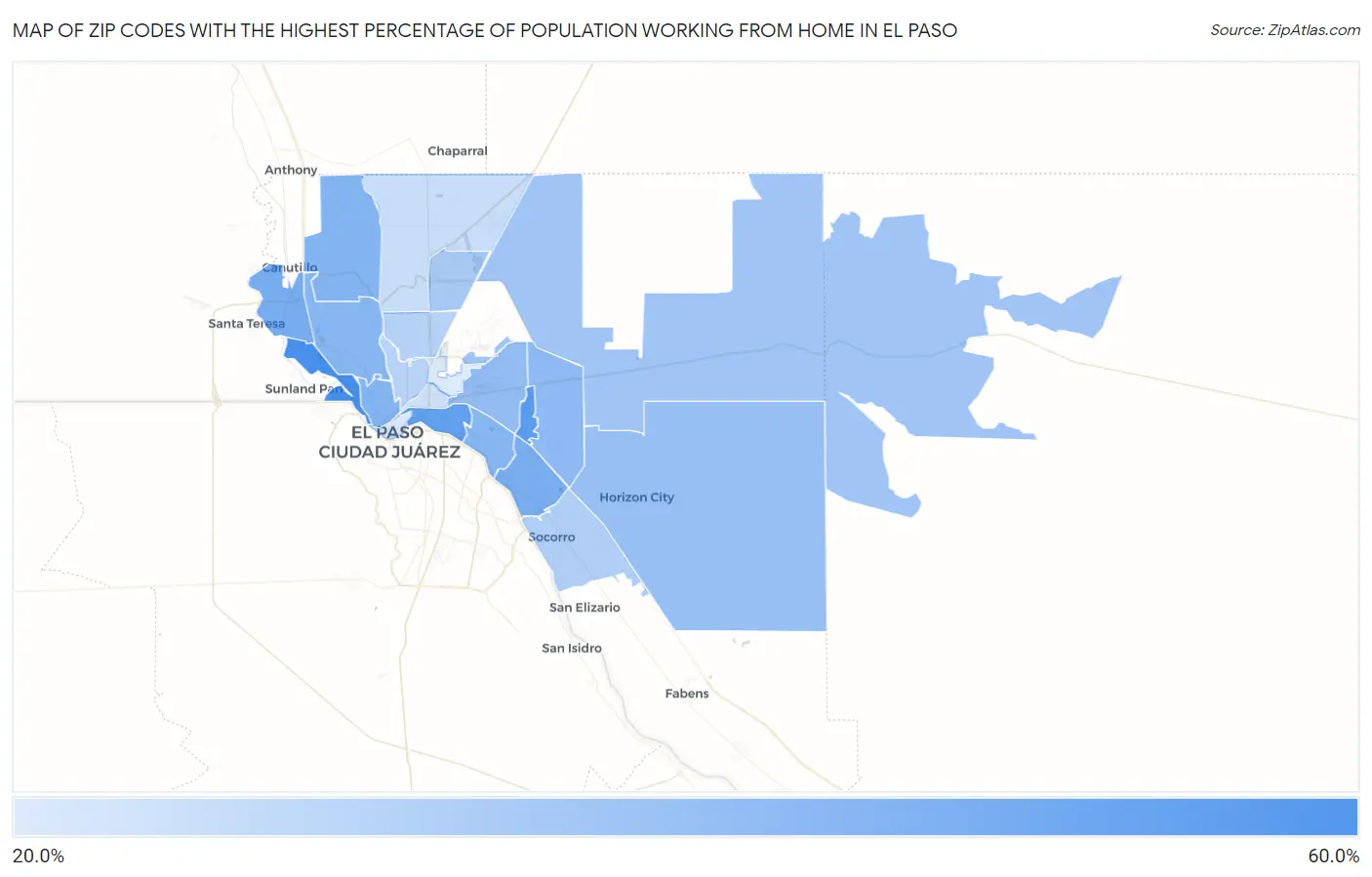Zip Codes with the Highest Percentage of Population Working from Home in El Paso Map