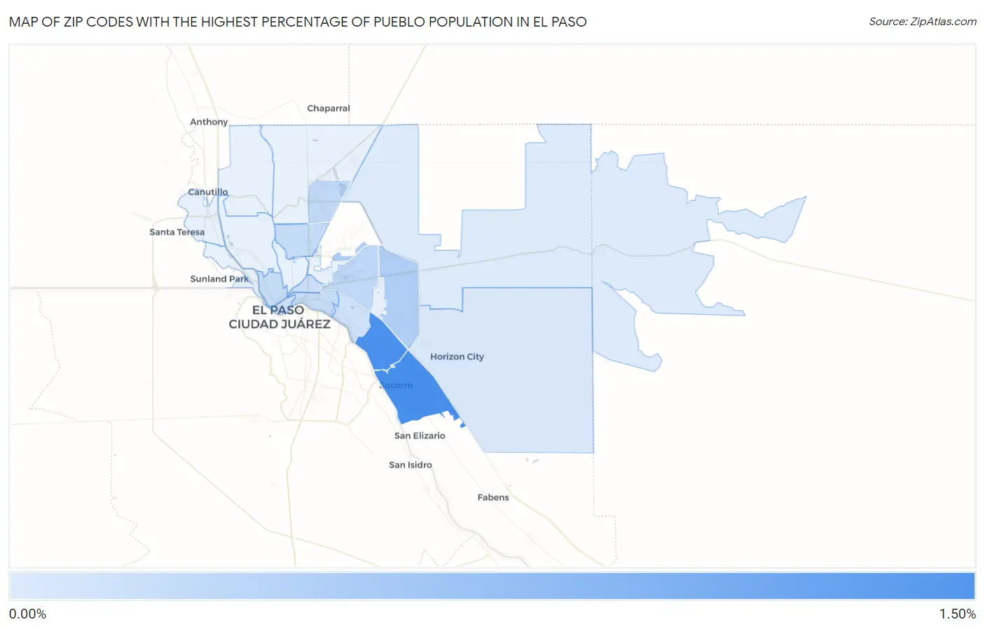 Zip Codes with the Highest Percentage of Pueblo Population in El Paso Map