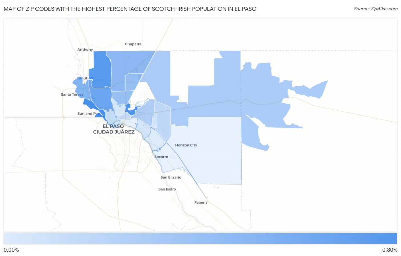 Zip Codes with the Highest Percentage of Scotch-Irish Population in El Paso Map