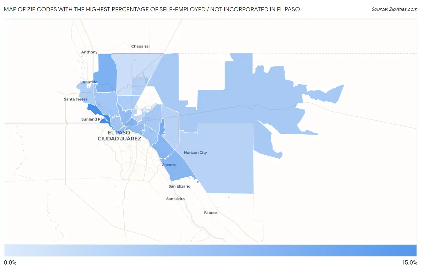 Zip Codes with the Highest Percentage of Self-Employed / Not Incorporated in El Paso Map