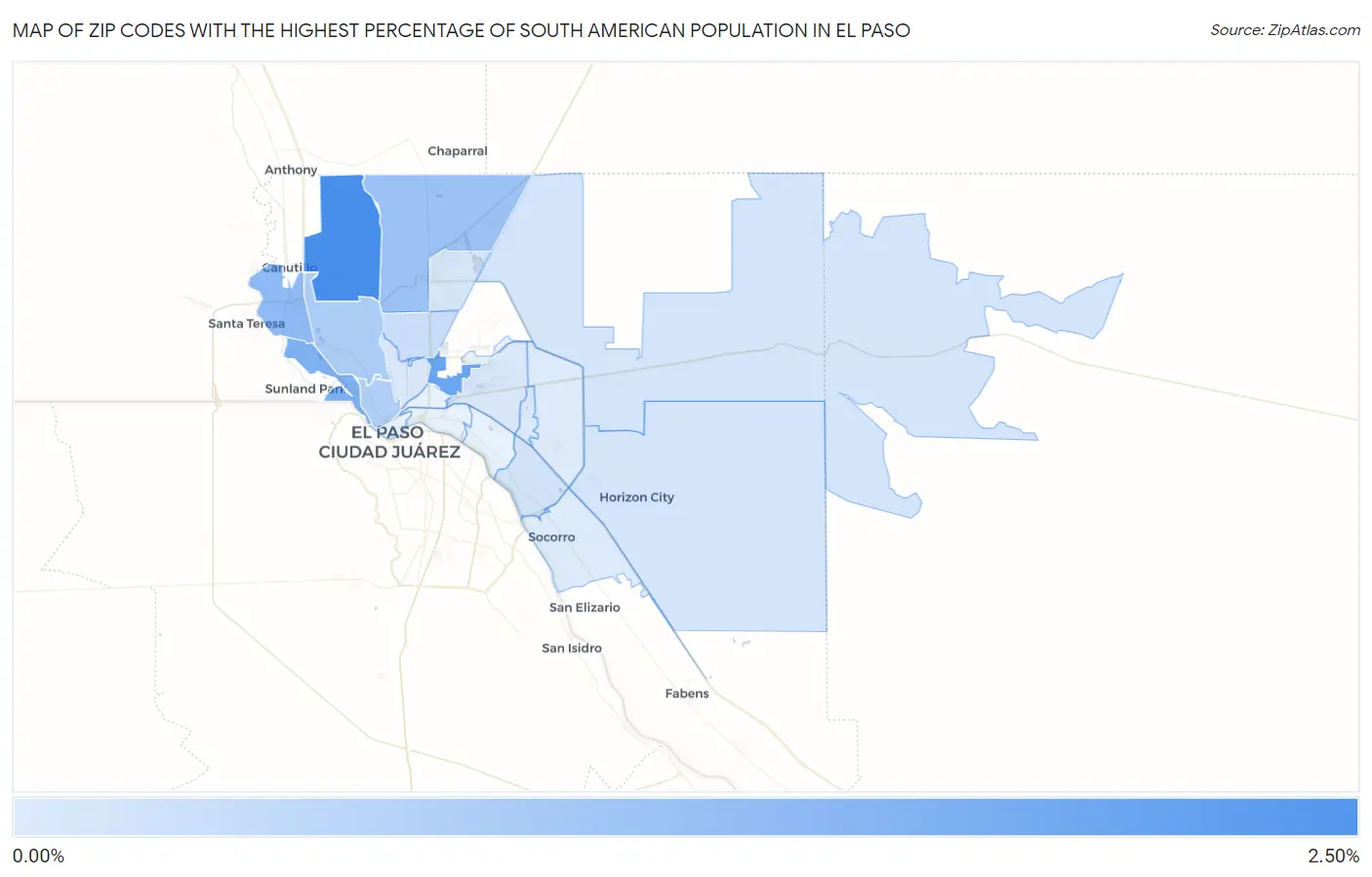 Zip Codes with the Highest Percentage of South American Population in El Paso Map