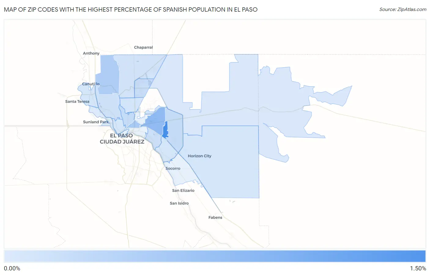 Zip Codes with the Highest Percentage of Spanish Population in El Paso Map