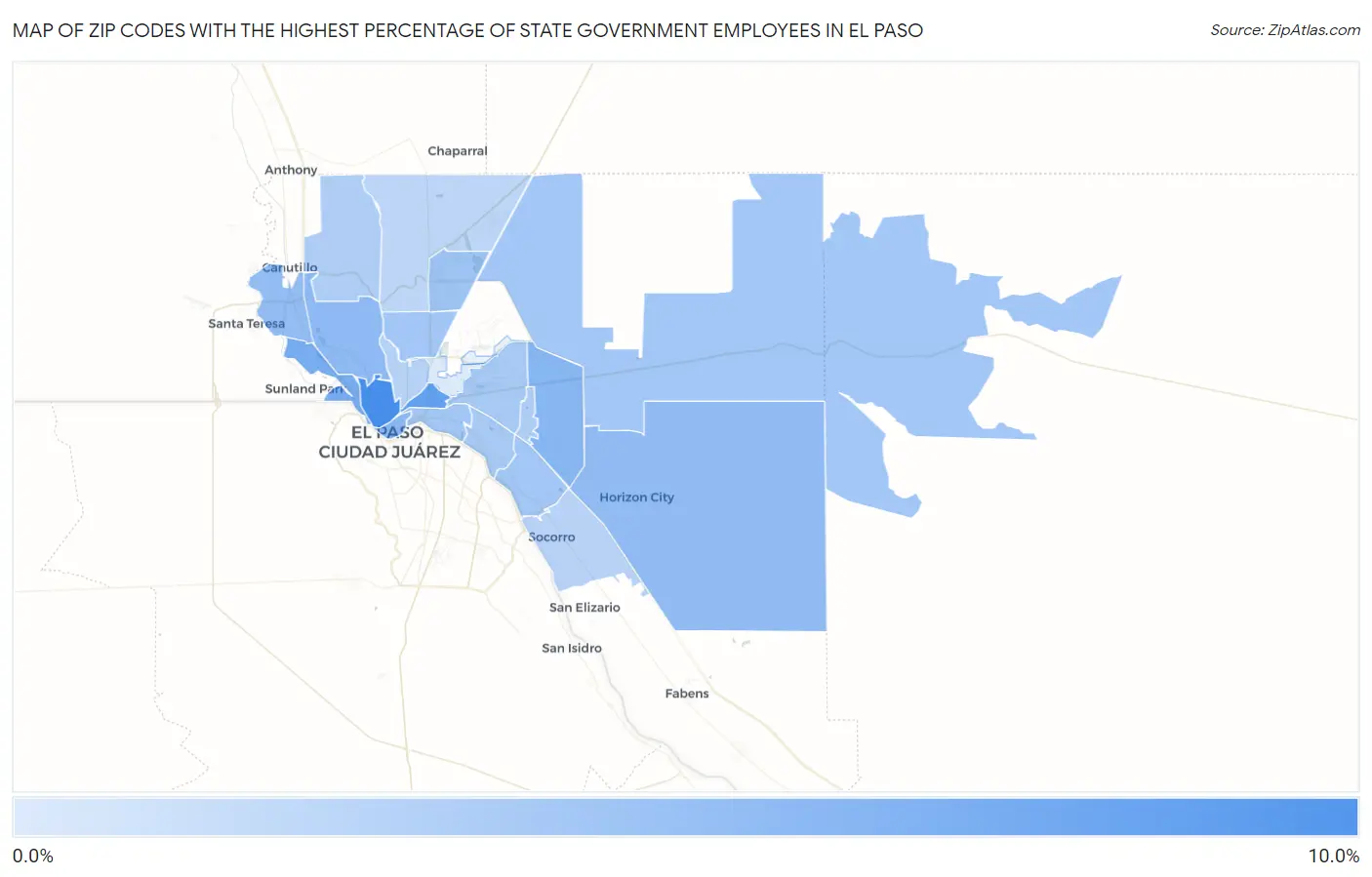 Zip Codes with the Highest Percentage of State Government Employees in El Paso Map