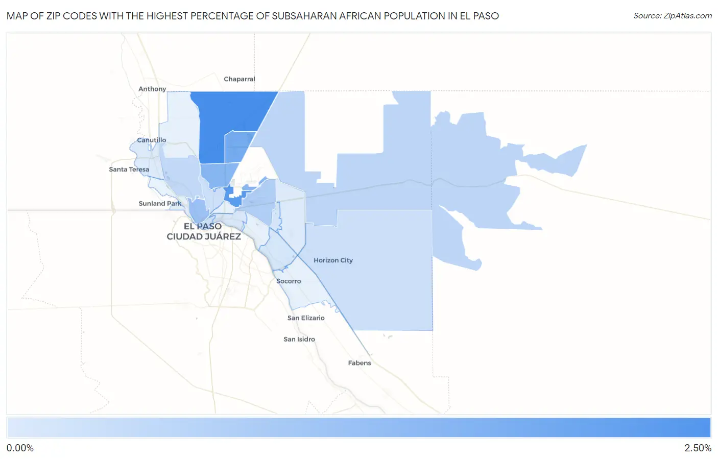 Zip Codes with the Highest Percentage of Subsaharan African Population in El Paso Map
