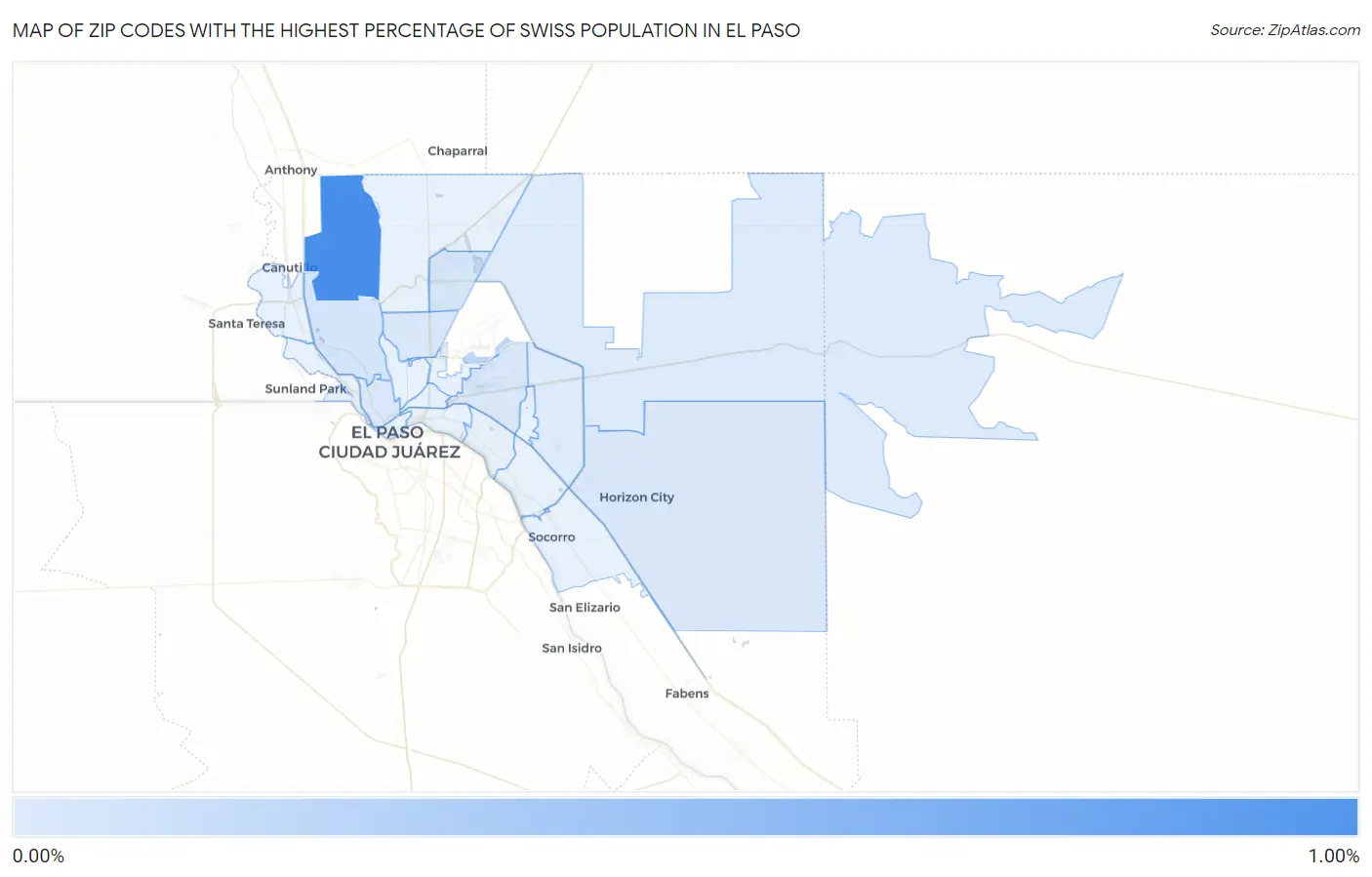 Zip Codes with the Highest Percentage of Swiss Population in El Paso Map