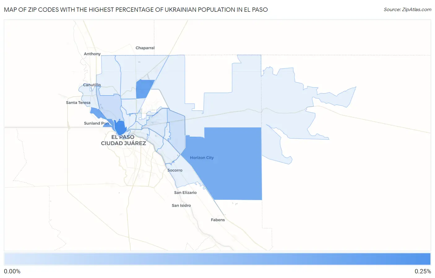 Zip Codes with the Highest Percentage of Ukrainian Population in El Paso Map