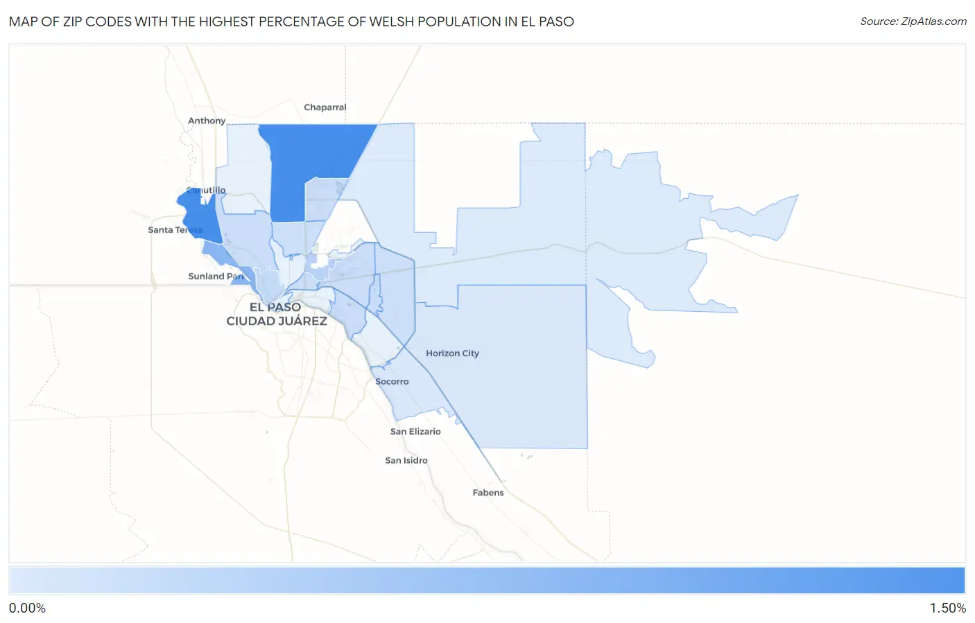 Zip Codes with the Highest Percentage of Welsh Population in El Paso Map