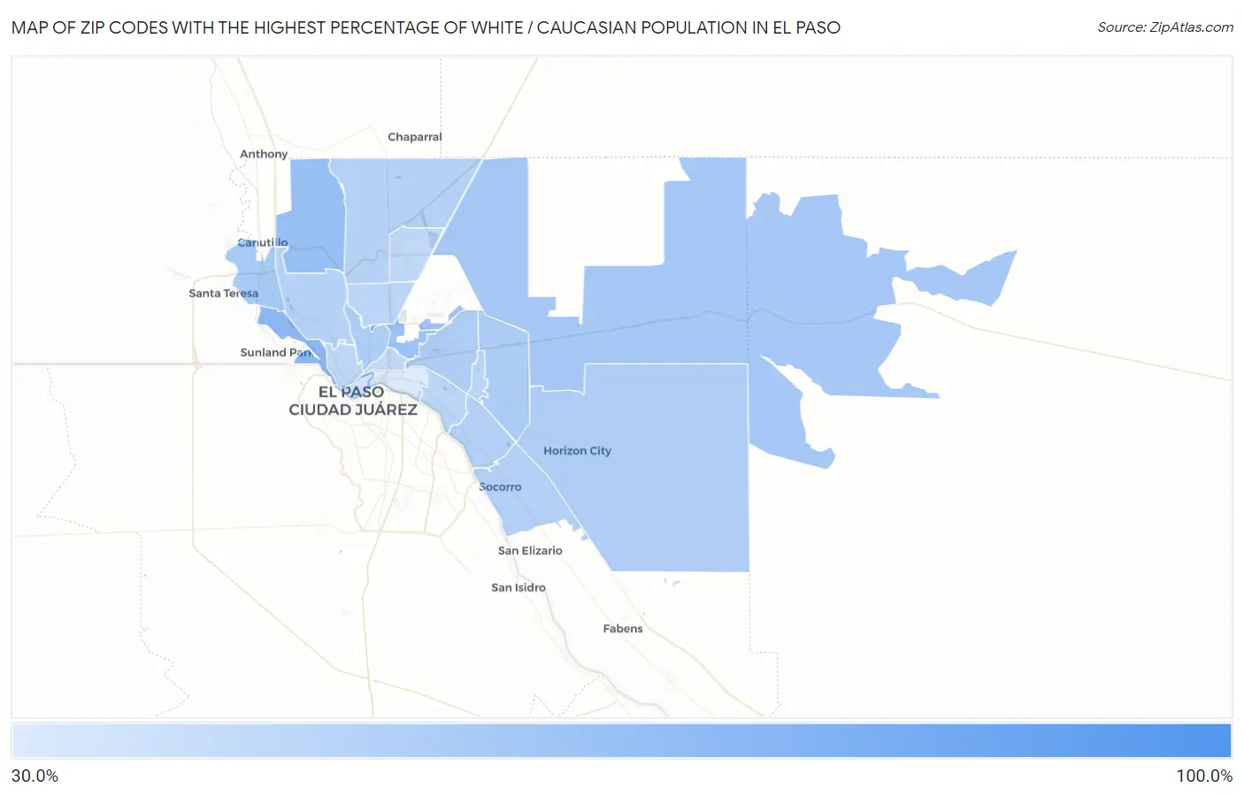 Zip Codes with the Highest Percentage of White / Caucasian Population in El Paso Map
