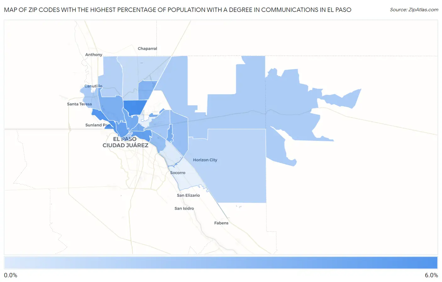 Zip Codes with the Highest Percentage of Population with a Degree in Communications in El Paso Map