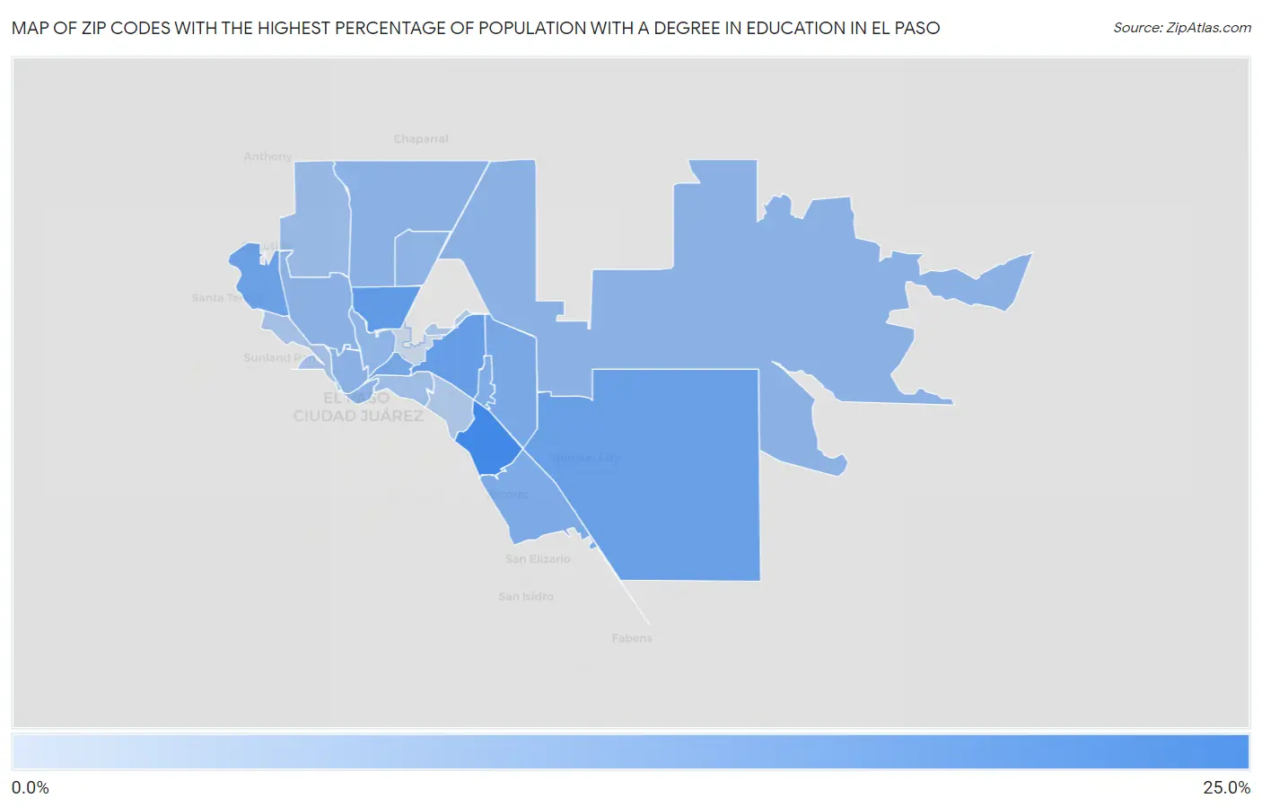 Zip Codes with the Highest Percentage of Population with a Degree in Education in El Paso Map