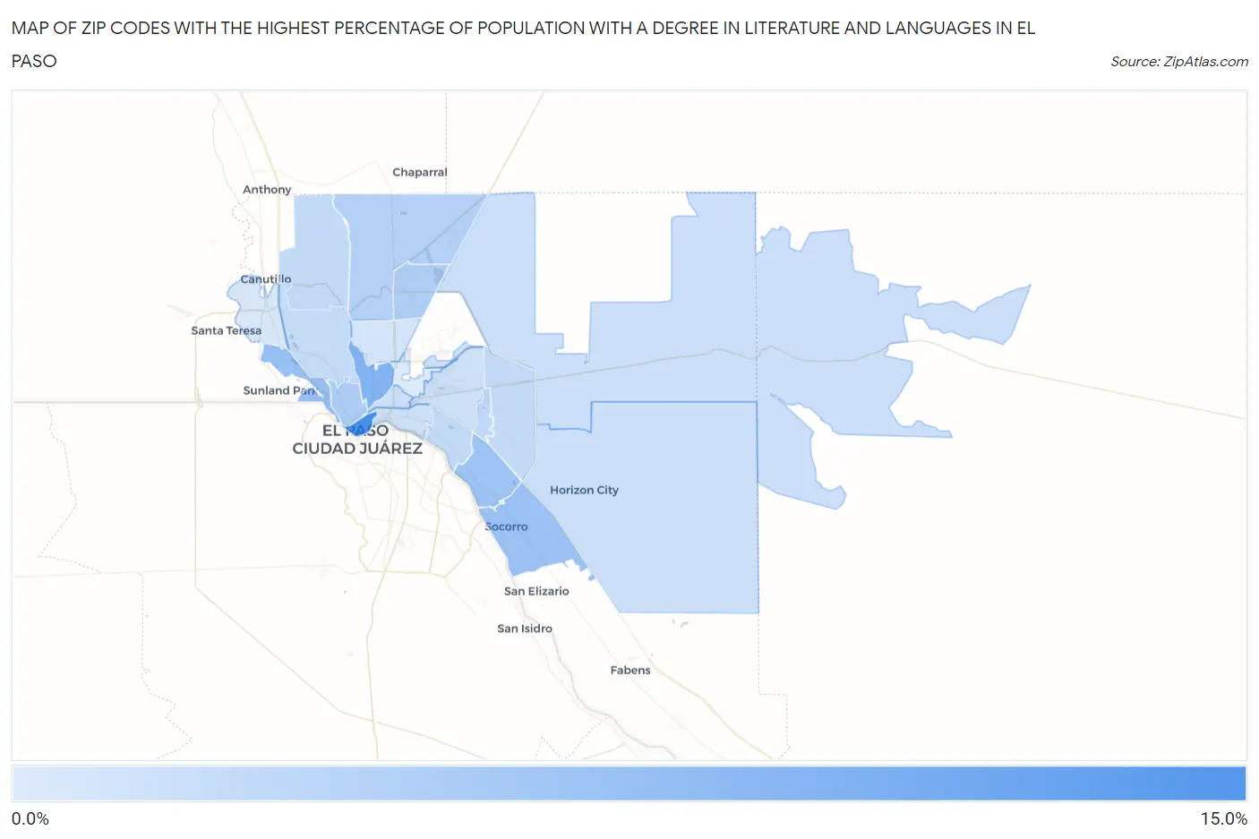 Zip Codes with the Highest Percentage of Population with a Degree in Literature and Languages in El Paso Map