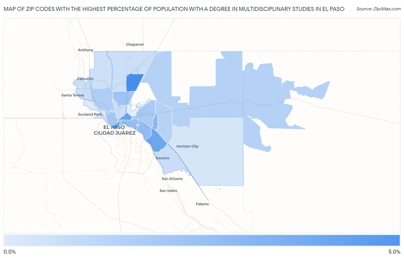 Zip Codes with the Highest Percentage of Population with a Degree in Multidisciplinary Studies in El Paso Map