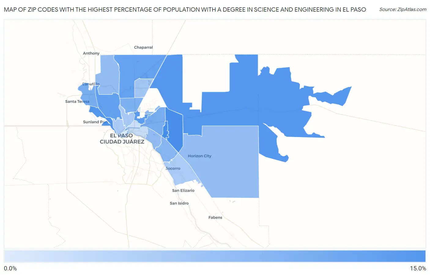 Zip Codes with the Highest Percentage of Population with a Degree in Science and Engineering in El Paso Map