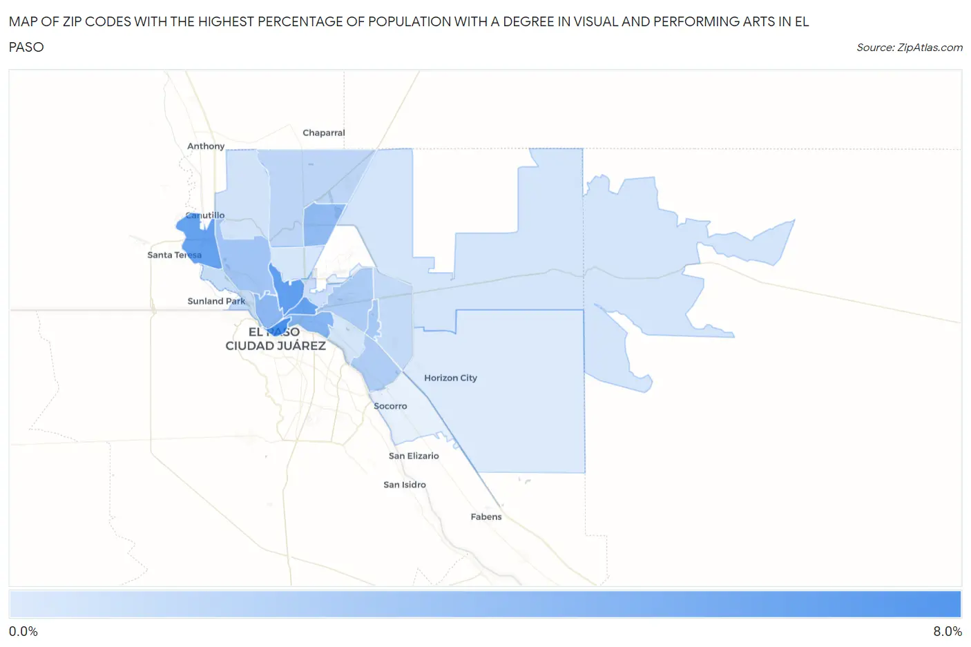 Zip Codes with the Highest Percentage of Population with a Degree in Visual and Performing Arts in El Paso Map