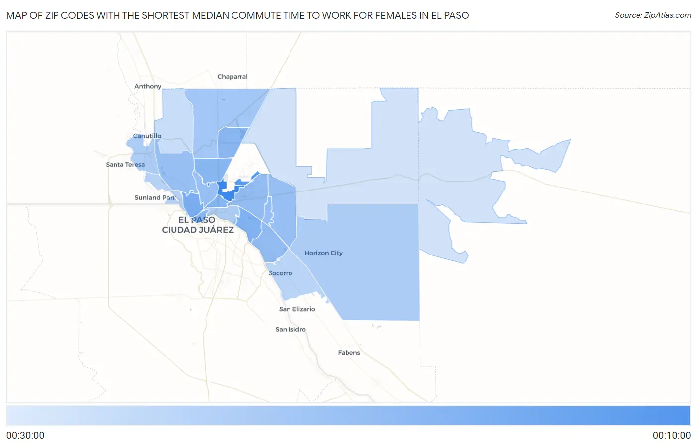 Zip Codes with the Shortest Median Commute Time to Work for Females in El Paso Map
