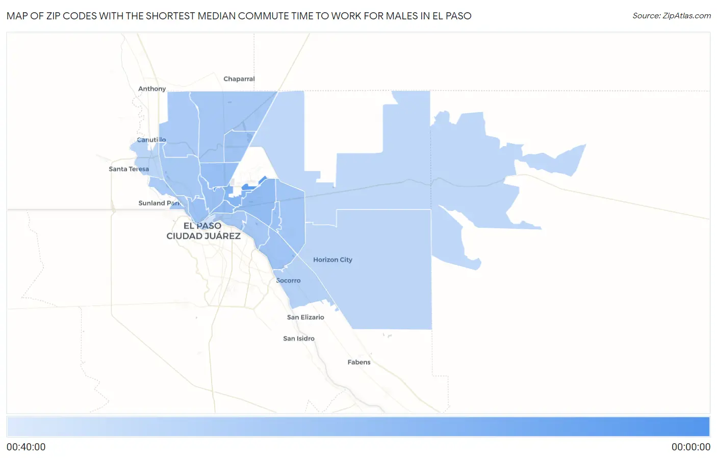 Zip Codes with the Shortest Median Commute Time to Work for Males in El Paso Map