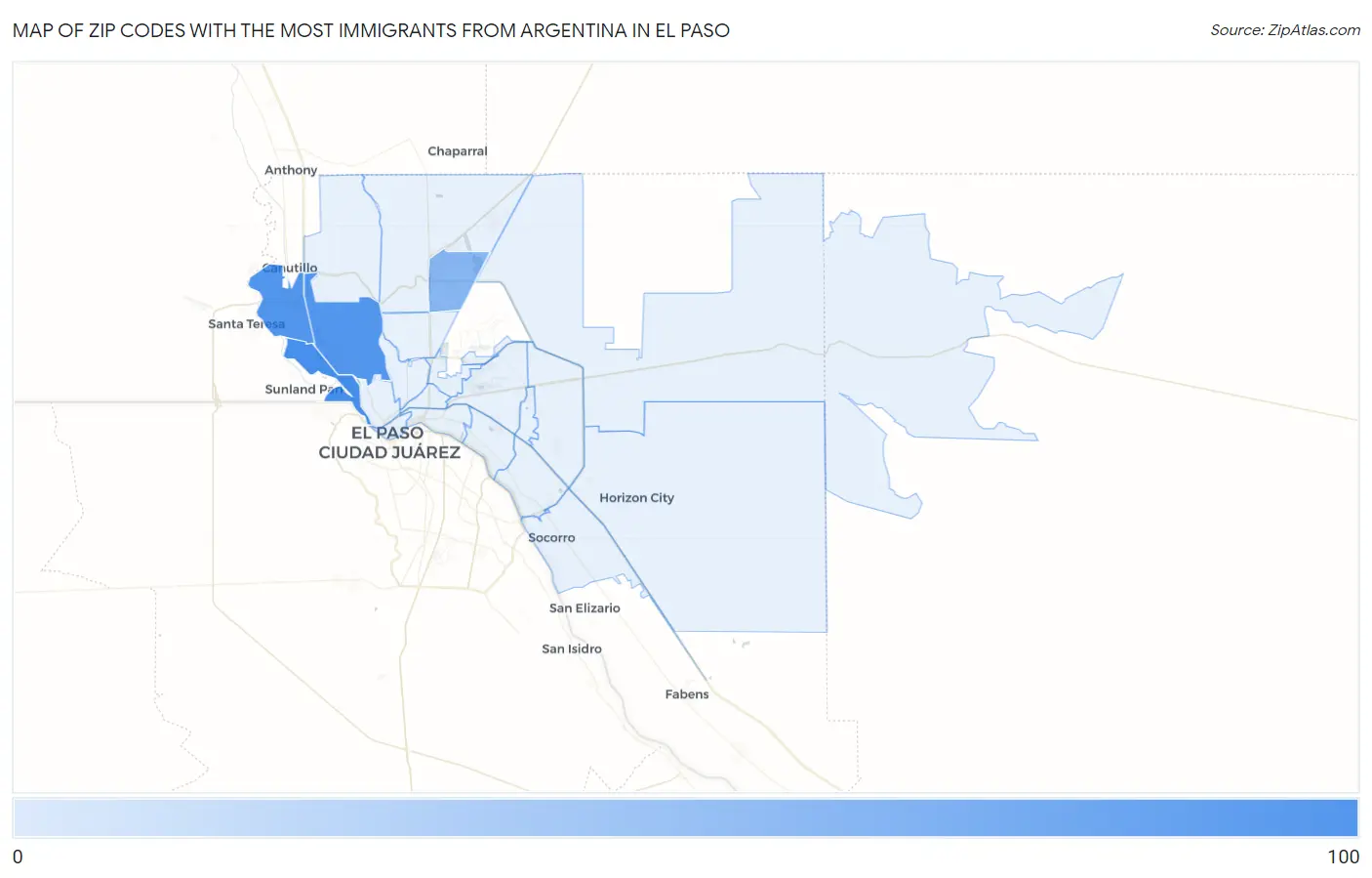 Zip Codes with the Most Immigrants from Argentina in El Paso Map