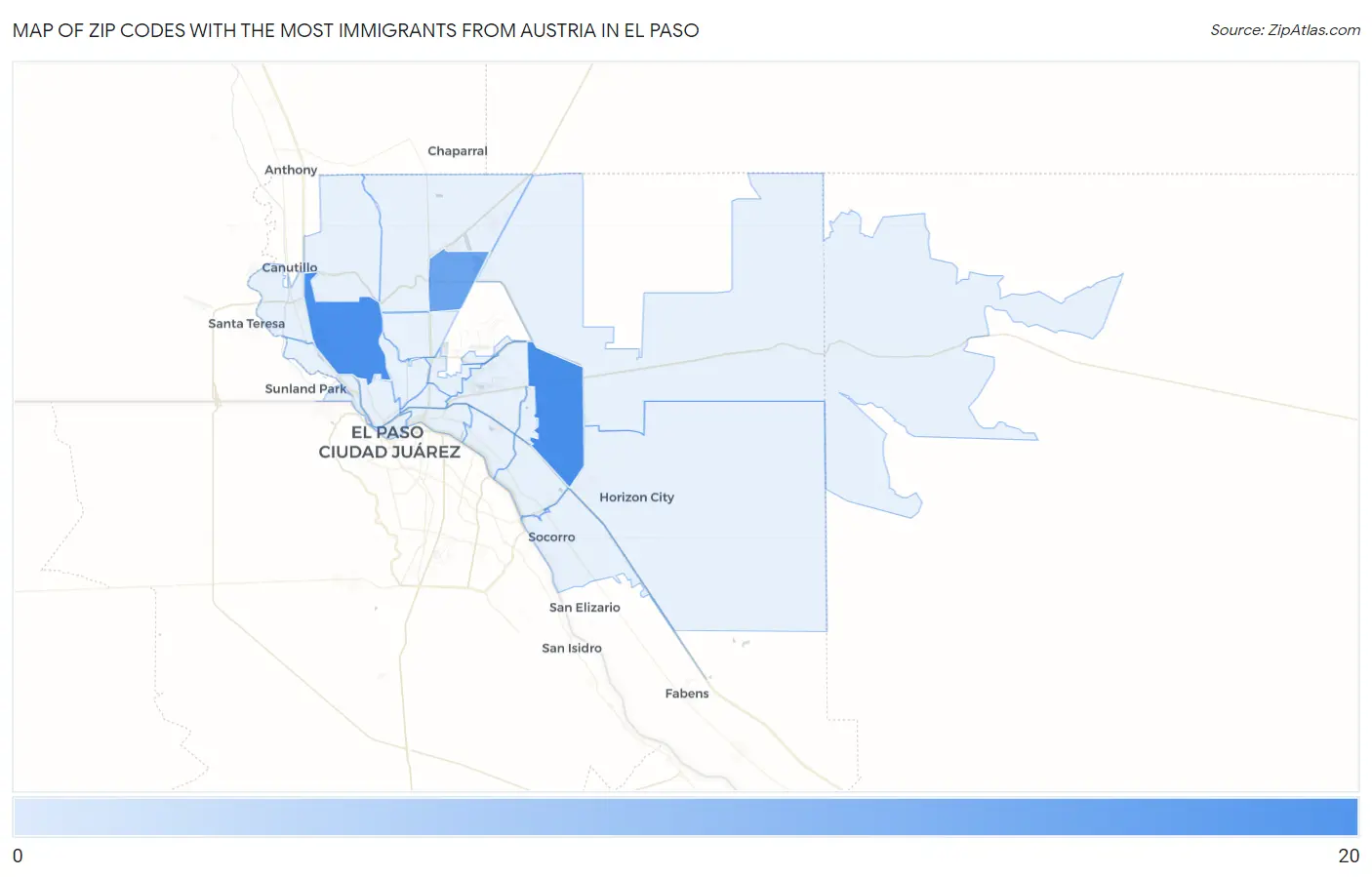 Zip Codes with the Most Immigrants from Austria in El Paso Map