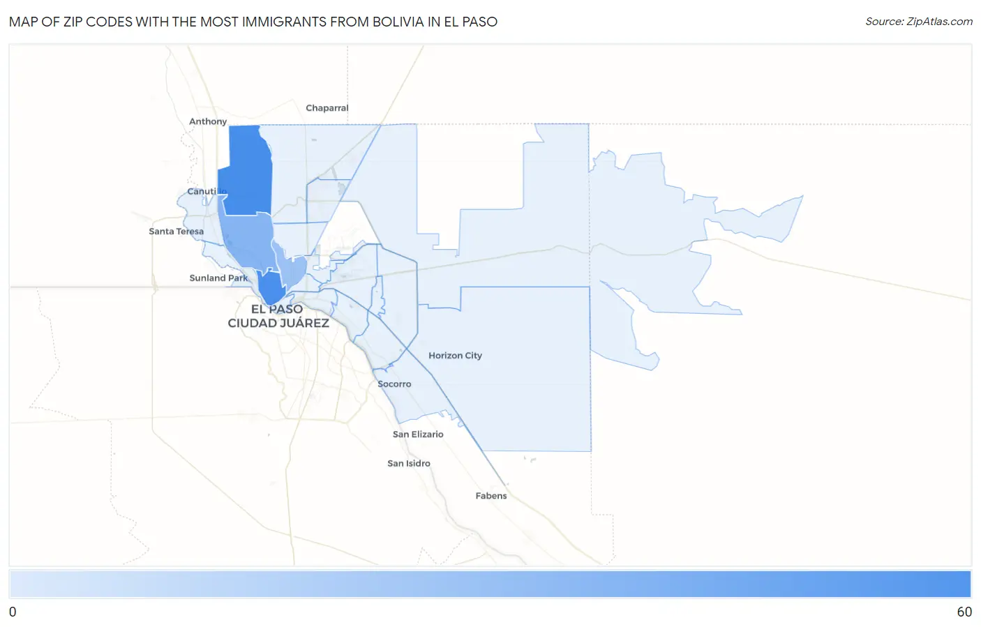 Zip Codes with the Most Immigrants from Bolivia in El Paso Map