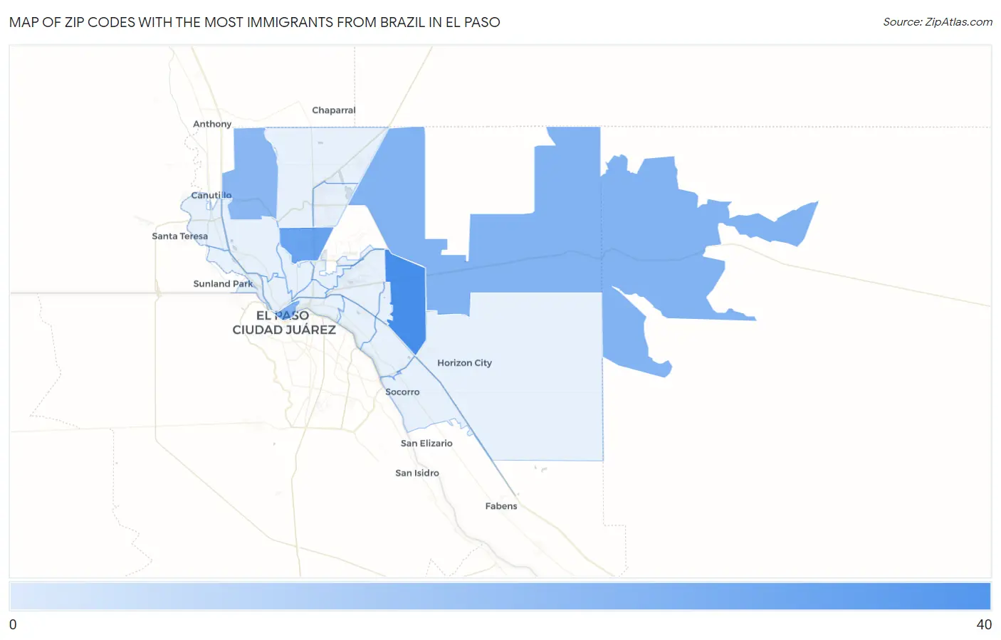 Zip Codes with the Most Immigrants from Brazil in El Paso Map