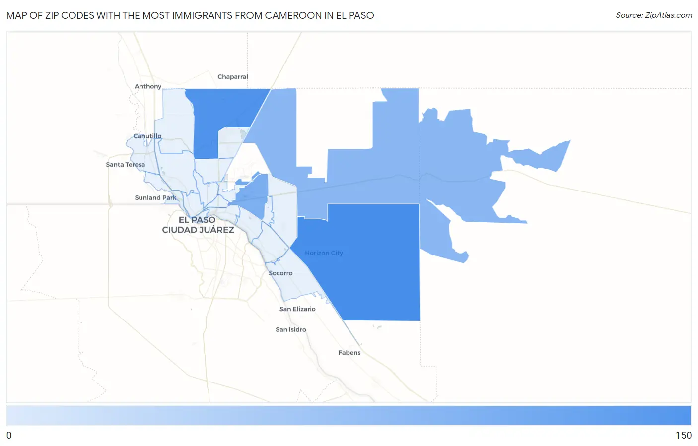 Zip Codes with the Most Immigrants from Cameroon in El Paso Map