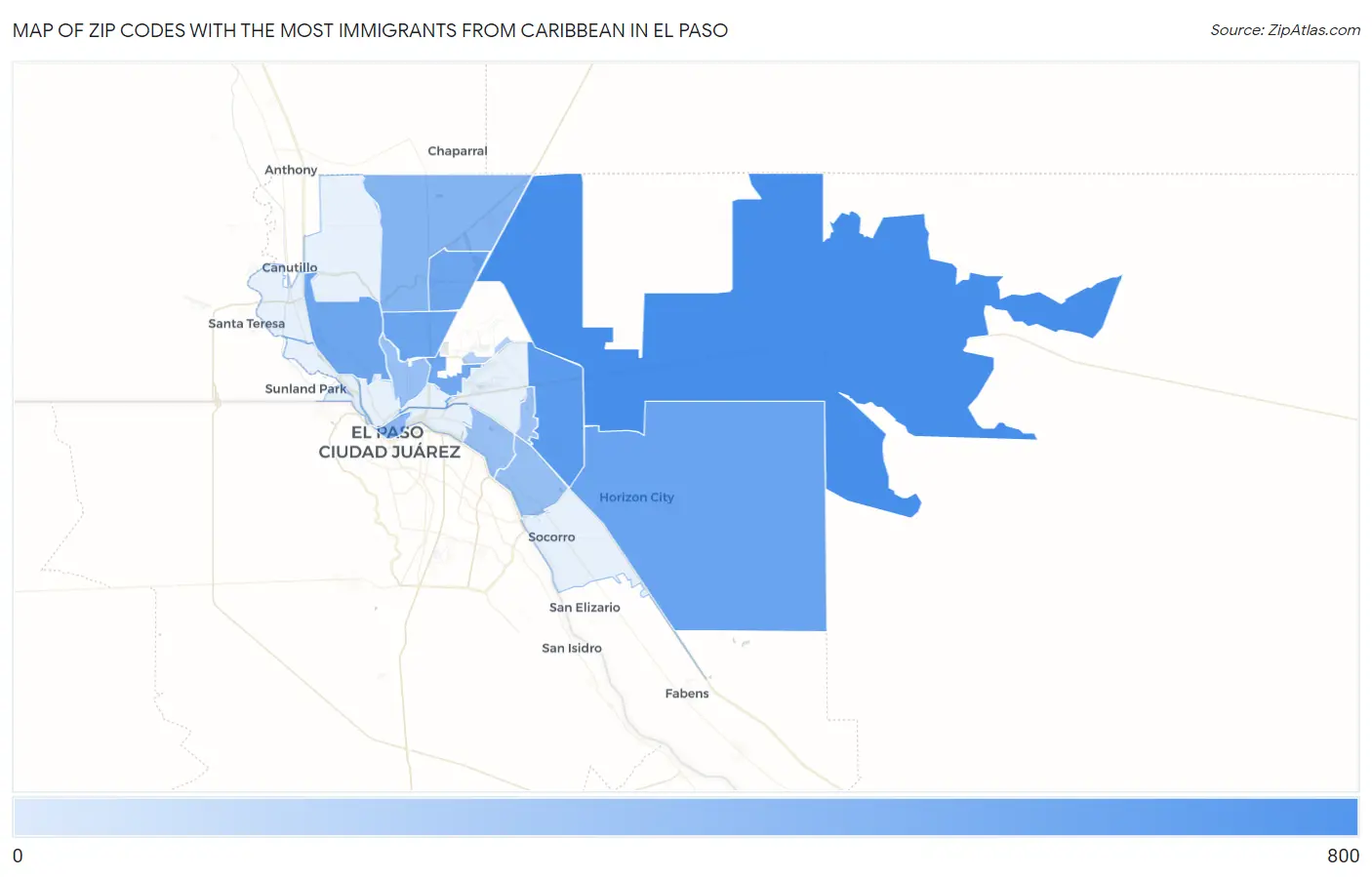 Zip Codes with the Most Immigrants from Caribbean in El Paso Map