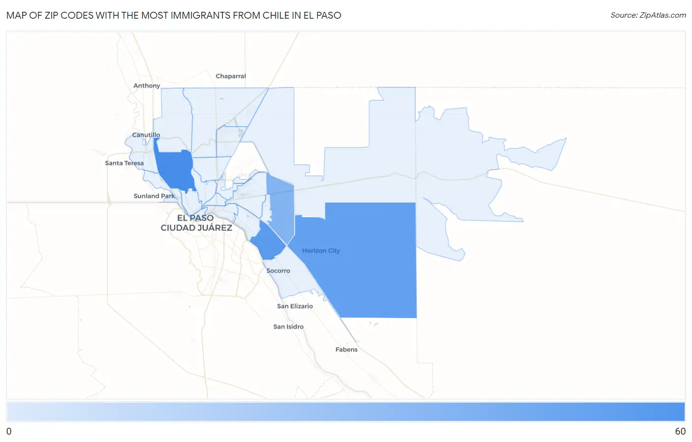 Zip Codes with the Most Immigrants from Chile in El Paso Map