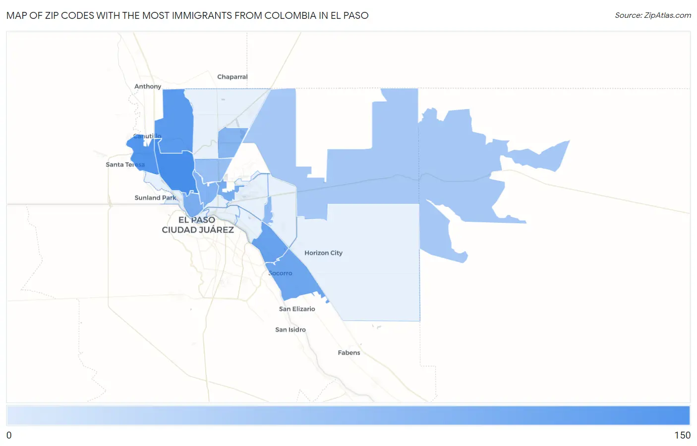 Zip Codes with the Most Immigrants from Colombia in El Paso Map