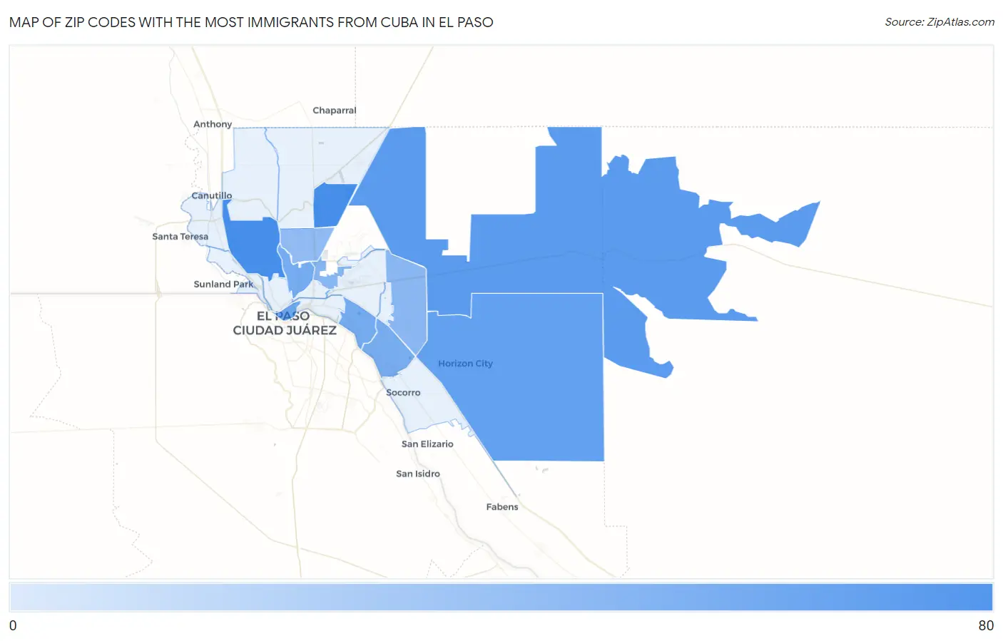 Zip Codes with the Most Immigrants from Cuba in El Paso Map