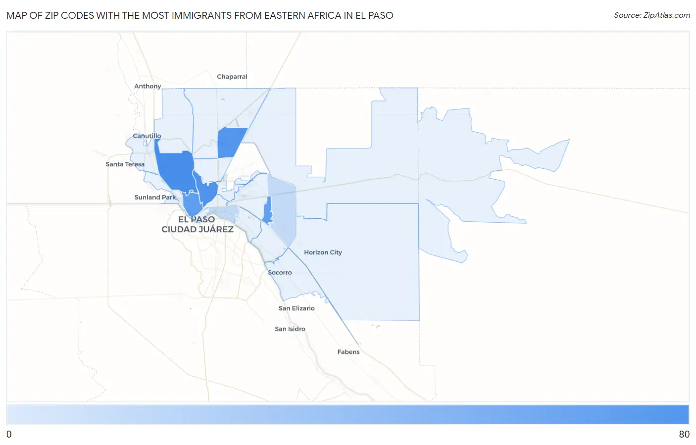 Zip Codes with the Most Immigrants from Eastern Africa in El Paso Map