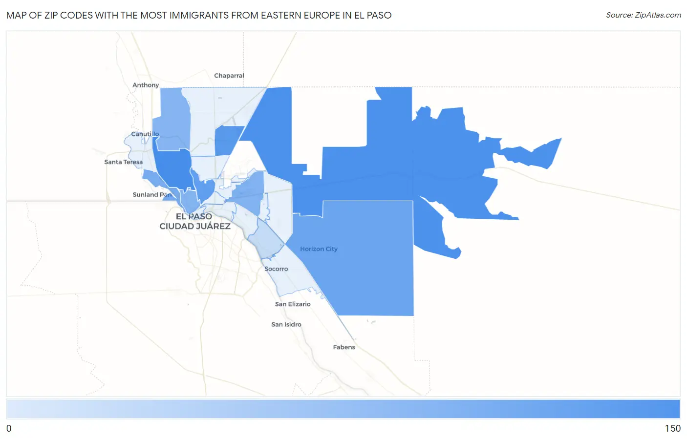 Zip Codes with the Most Immigrants from Eastern Europe in El Paso Map