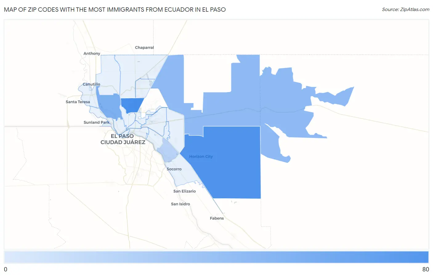 Zip Codes with the Most Immigrants from Ecuador in El Paso Map