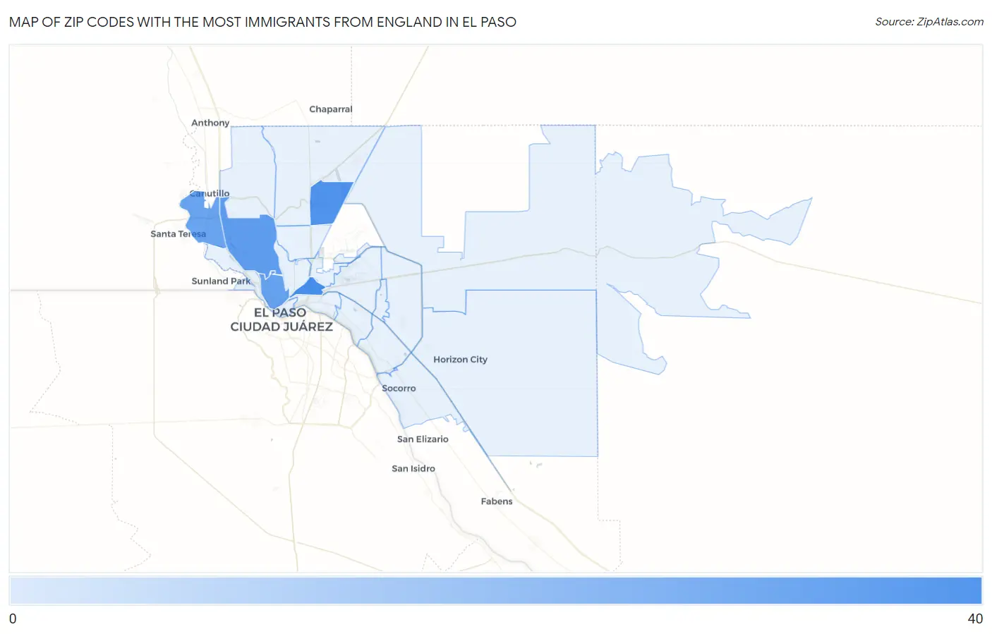Zip Codes with the Most Immigrants from England in El Paso Map