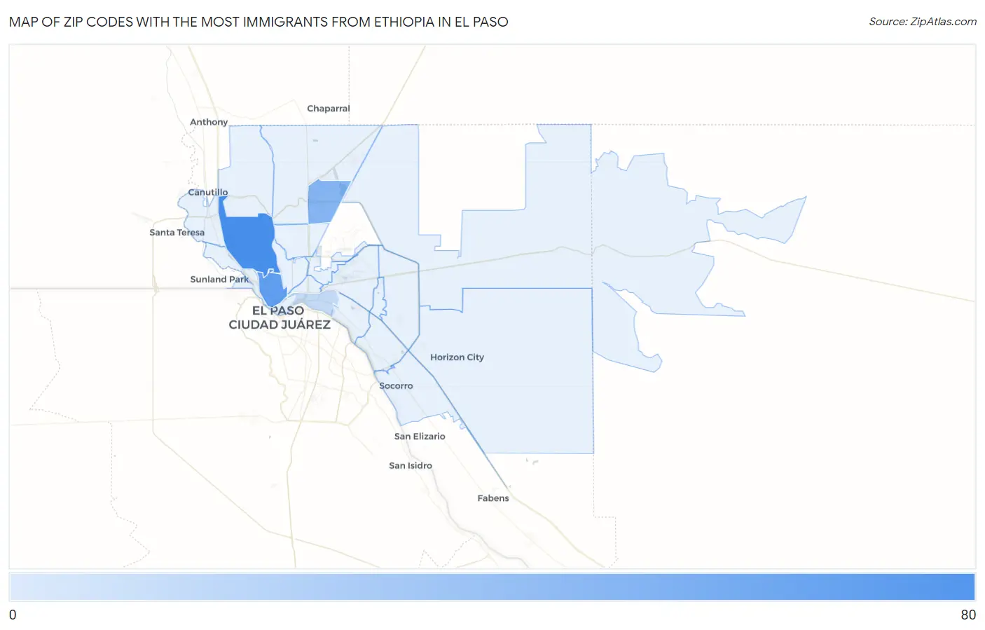Zip Codes with the Most Immigrants from Ethiopia in El Paso Map