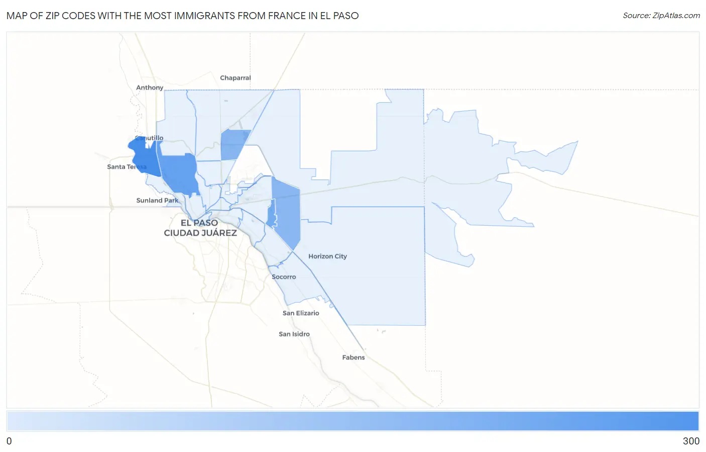 Zip Codes with the Most Immigrants from France in El Paso Map